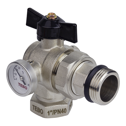 Кран шаровой TEBO с термометром, угловой, ручка-бабочка (черная)