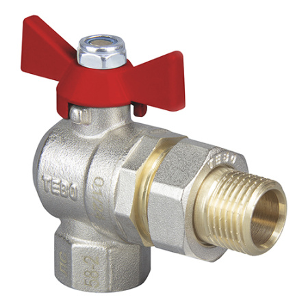Кран шаровой TEBO полный проход, с накидной гайкой, угловой, с ручкой-бабочкой