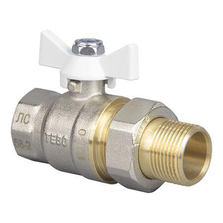 Кран шаровой TEBO полный проход, с накидной гайкой, прямой, с ручкой-бабочкой (белая)